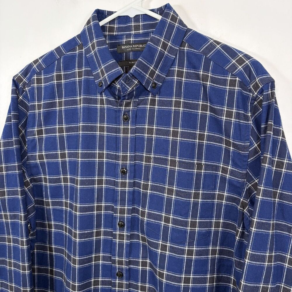 Banana Republic Luxe Flannel Slim Fit Button Down Shirt Mens Blue Black Plaid